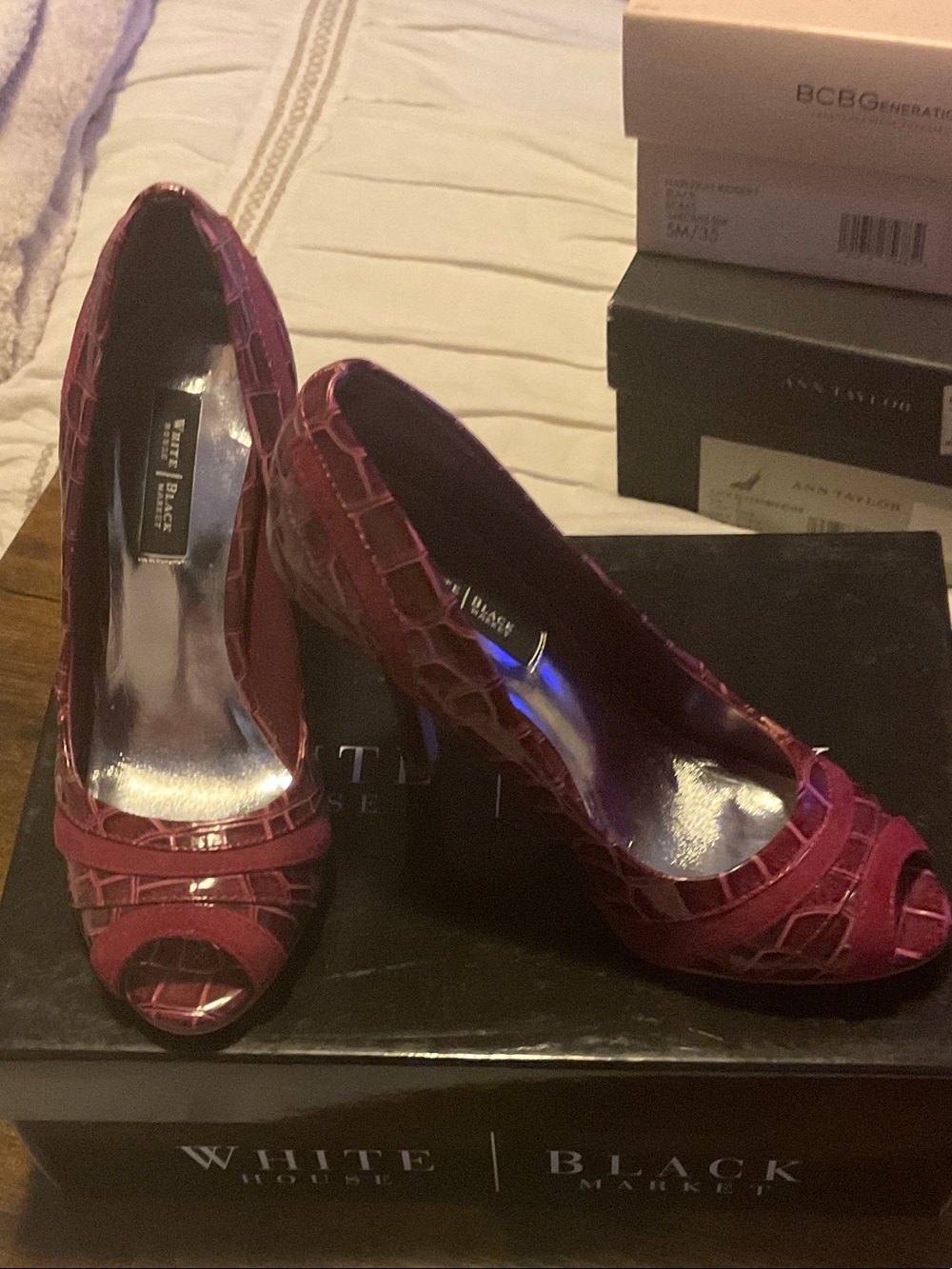 White House Black Market Deep Burgundy Croc-Embossed Peep-Toe Heels